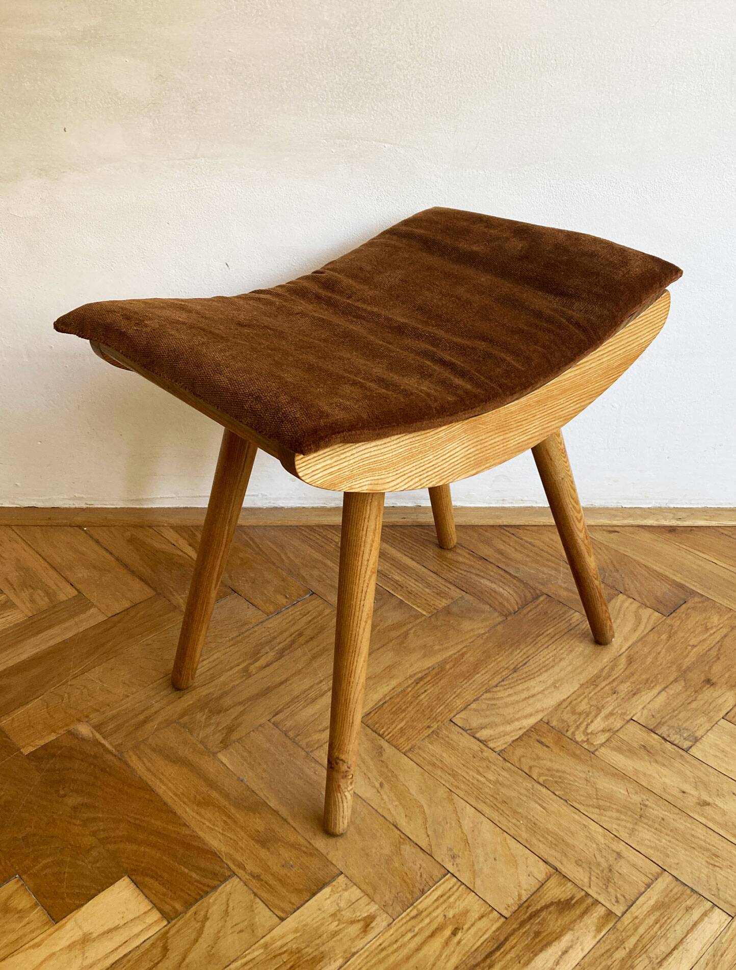 1970's Mid-Century Modern Beechwood Stool with New Upholstery