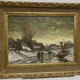 Oil on canvas "Snowy village animated by characters" XX century