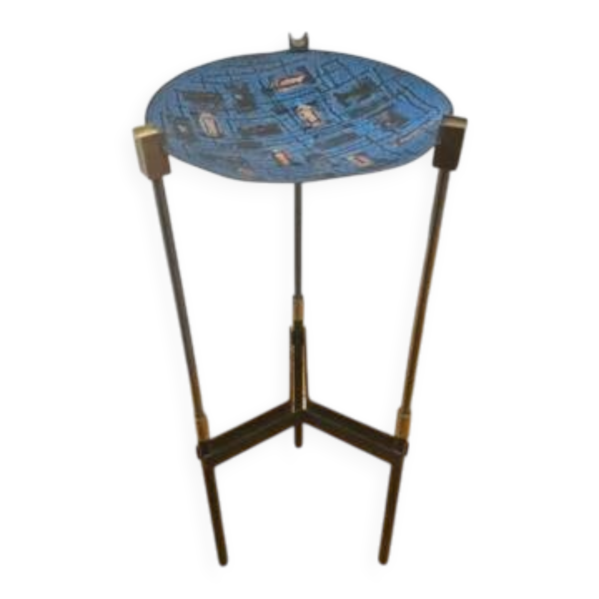 Vintage tripod metal side table with a blue brass bowl.