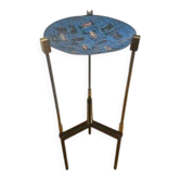 Guéridon bout de canapé vintage tripode en métal et coupe bleue laiton