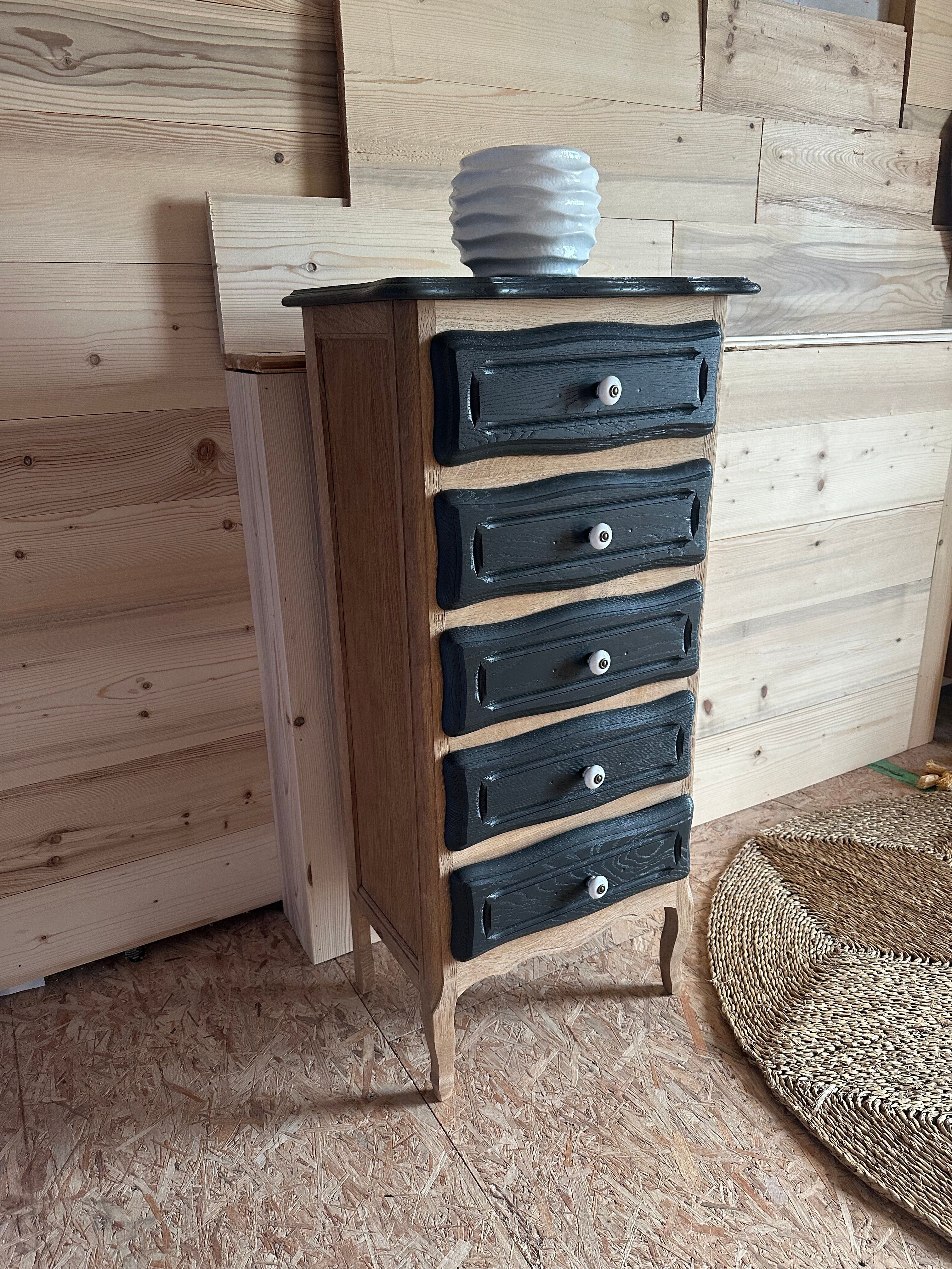 Chiffonnier bois brut et noir 5 tiroirs