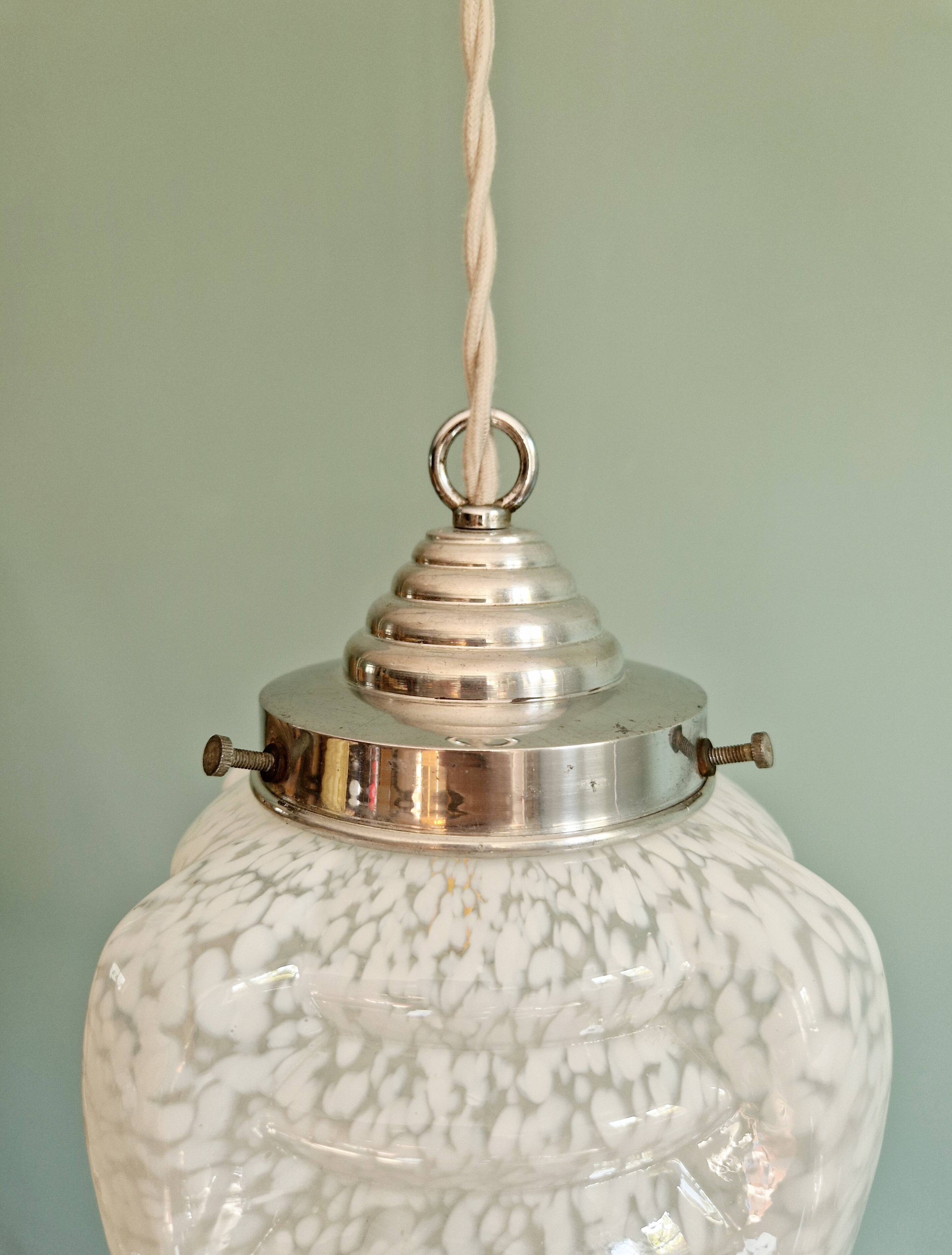 Art Deco pendant light in white speckled glass, 1920s-30s