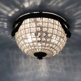 Half-basket ceiling light with 3 bronze lights and glass pendants. 1980s