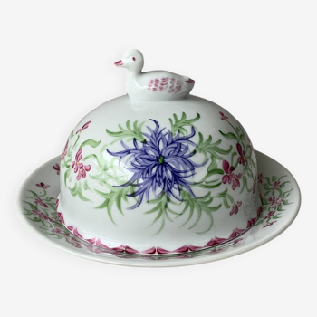 Limoges porcelain butter dish, hand decorated by A.Lallemand Roux