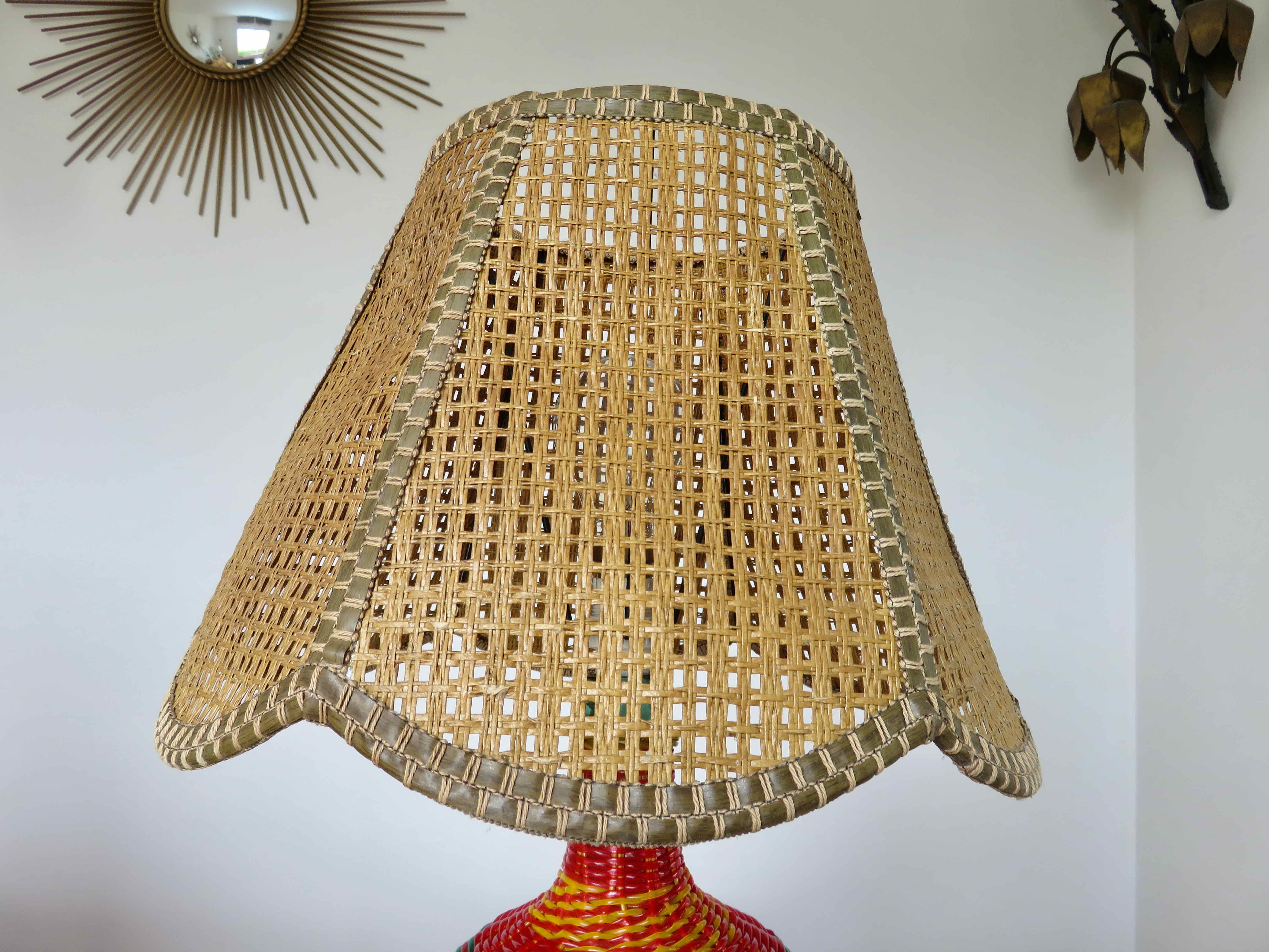Bottle lamp in scoubidou, lampshade in rattan years 50/60
