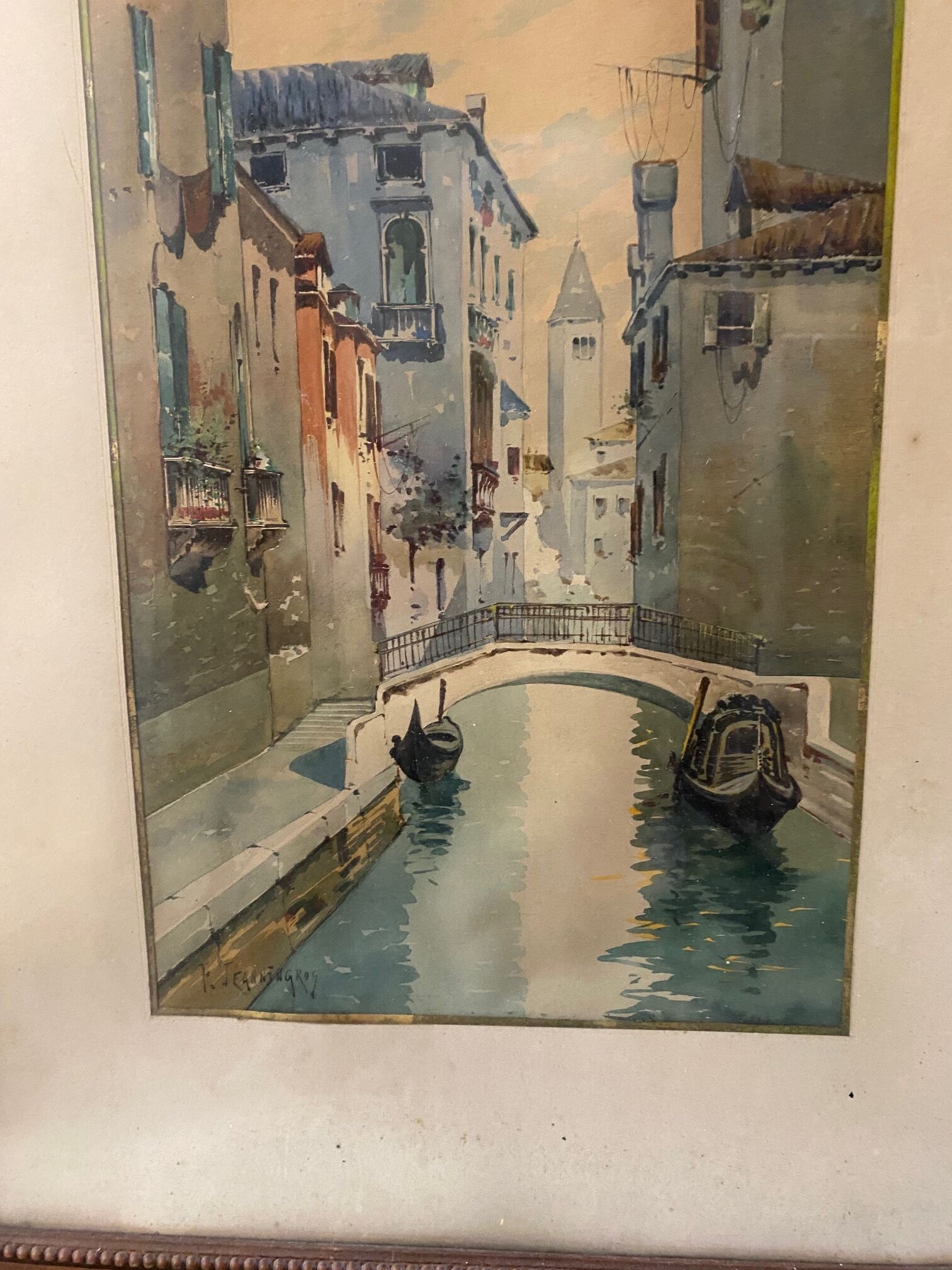 Watercolor signed f. jeannin gros - rialto in venice framed and under glass early twentieth century