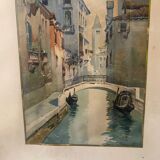 Watercolor signed f. jeannin gros - rialto in venice framed and under glass early twentieth century