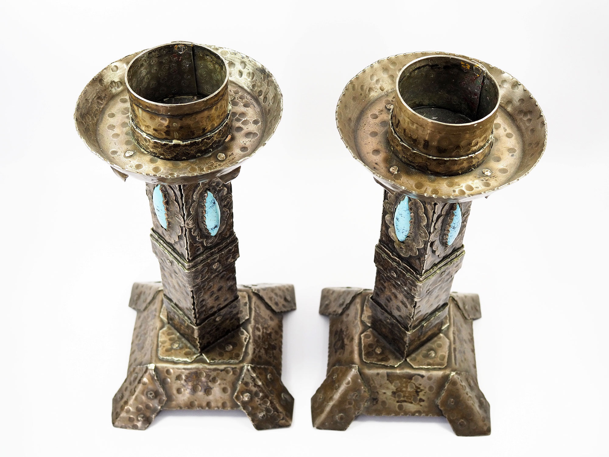 Arts and Crafts Style Forged Metal and Turquoise Glass Candlesticks