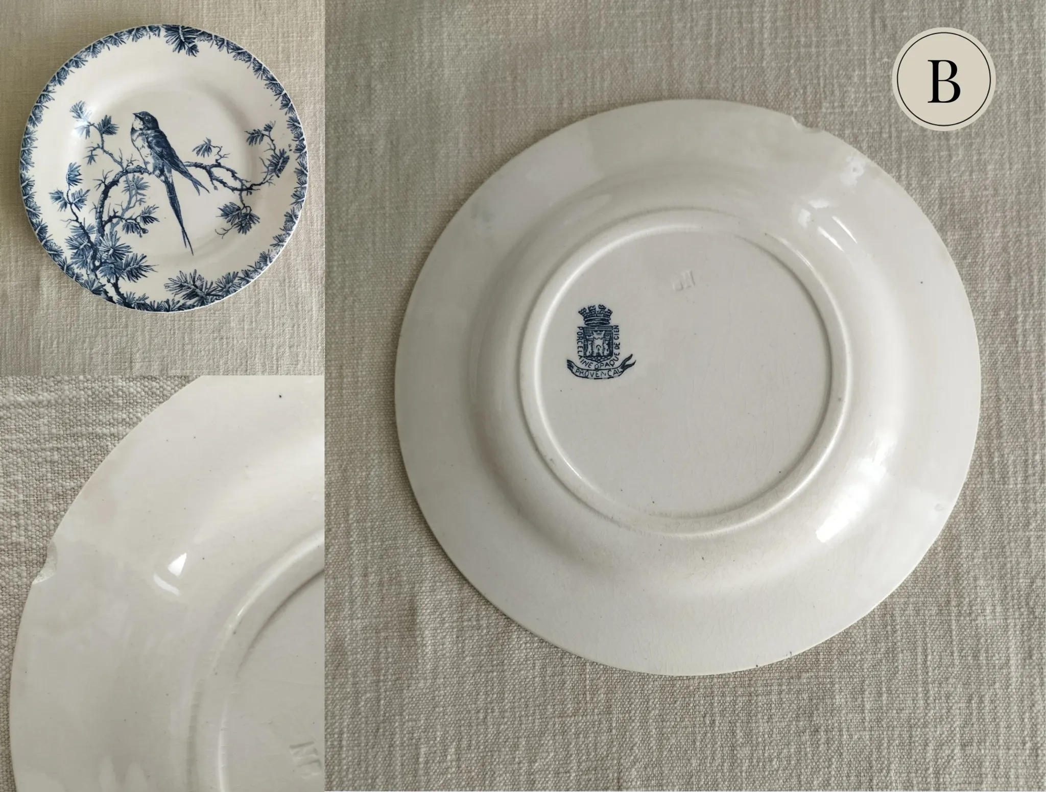 Gien "Provençal" - Set of 3 flat plates Ø 23 cm swallows