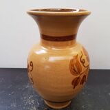 Beige ceramic vase with vintage brown flower decor