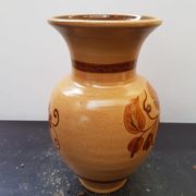 Vase céramique beige décor fleurs marron vintage