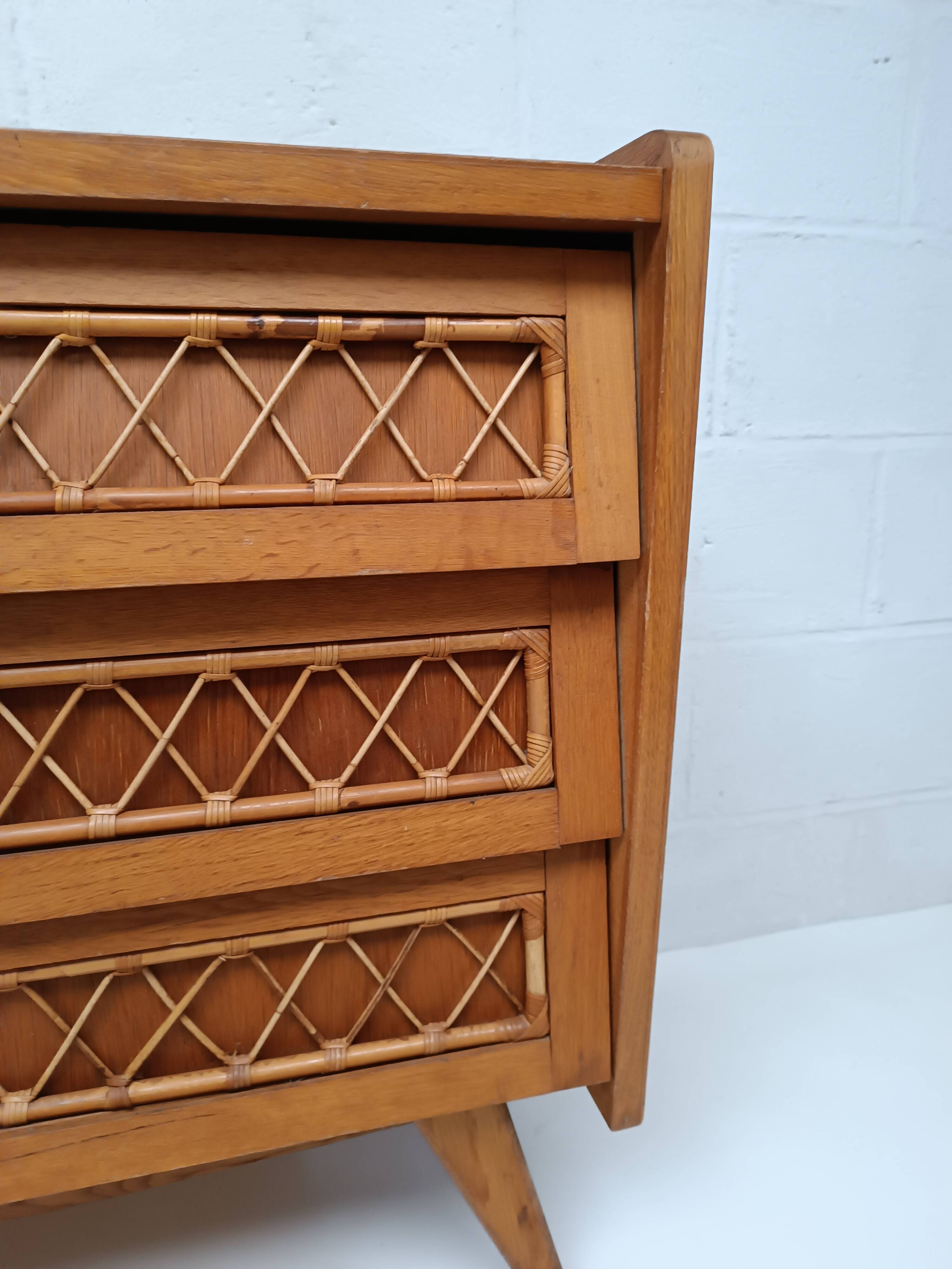 Vintage wood and rattan chest of drawers