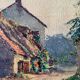 Watercolor painting Sennecey les Dijon "Rue du village avec clocher" 1934 Signed