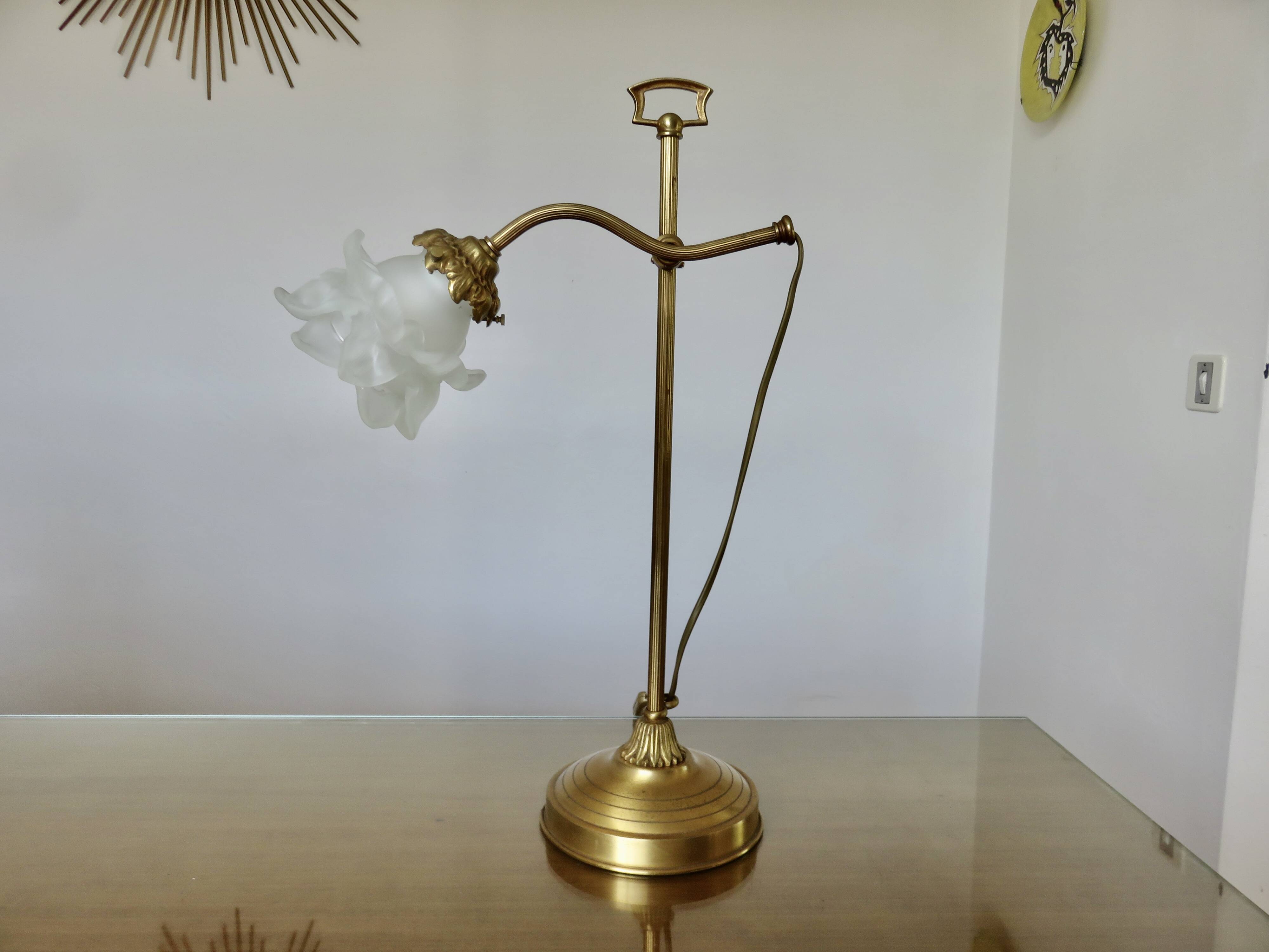 Large art nouveau brass lamp with frosted glass tulip in the shape of a rose