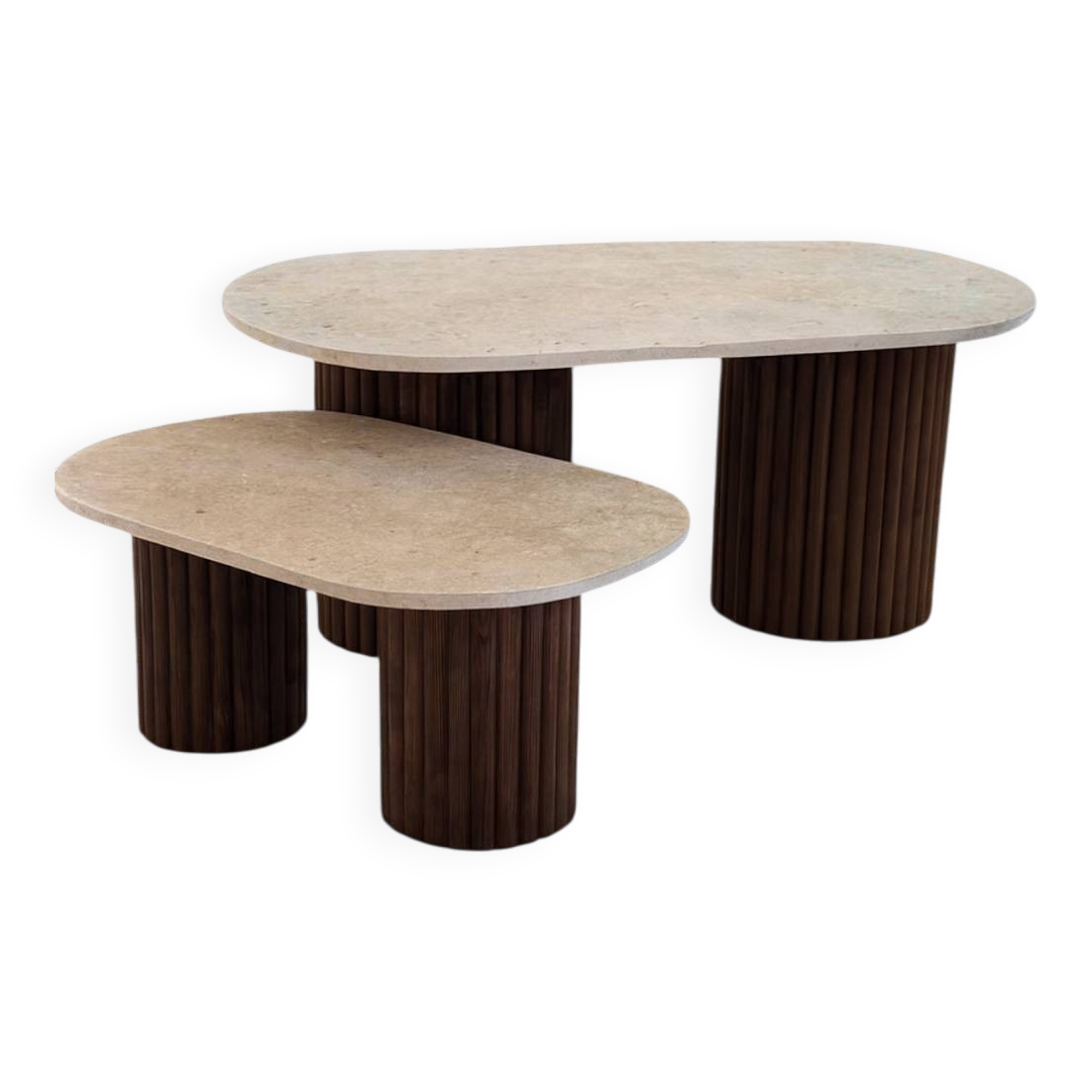 Oval coffee table duo travertine and fluted wooden legs.