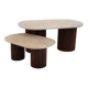 Oval coffee table duo travertine and fluted wooden legs.