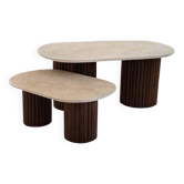 Table basse ovale duo travertin et pieds en bois cannelés