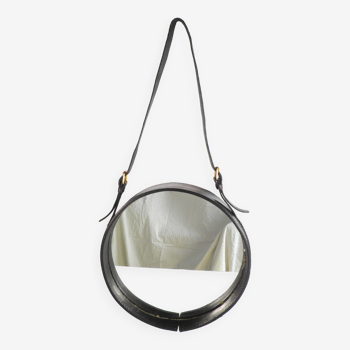 Circular mirror in black leather Jacques ADNET 1950
