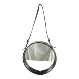 Miroir circulaire en cuir noir Jacques ADNET 1950