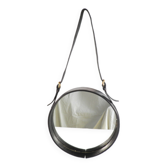 Circular mirror in black leather Jacques ADNET 1950