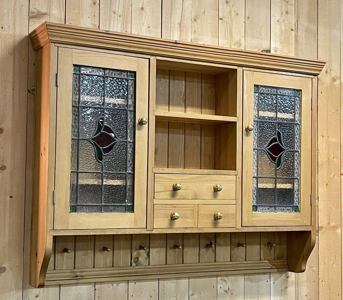 English wall cabinet in fir with old stained glass windows - 1980s