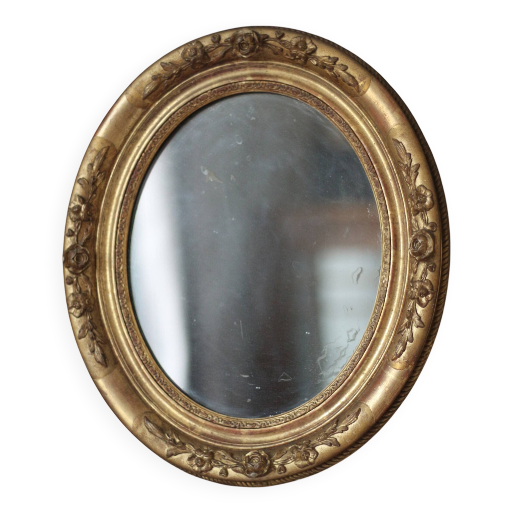 Ancien Miroir Ovale Doré - Déco Murale Vintage - 35x30 Cm