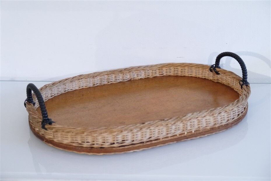 Vintage Scandinavian teak and rattan tray 1960