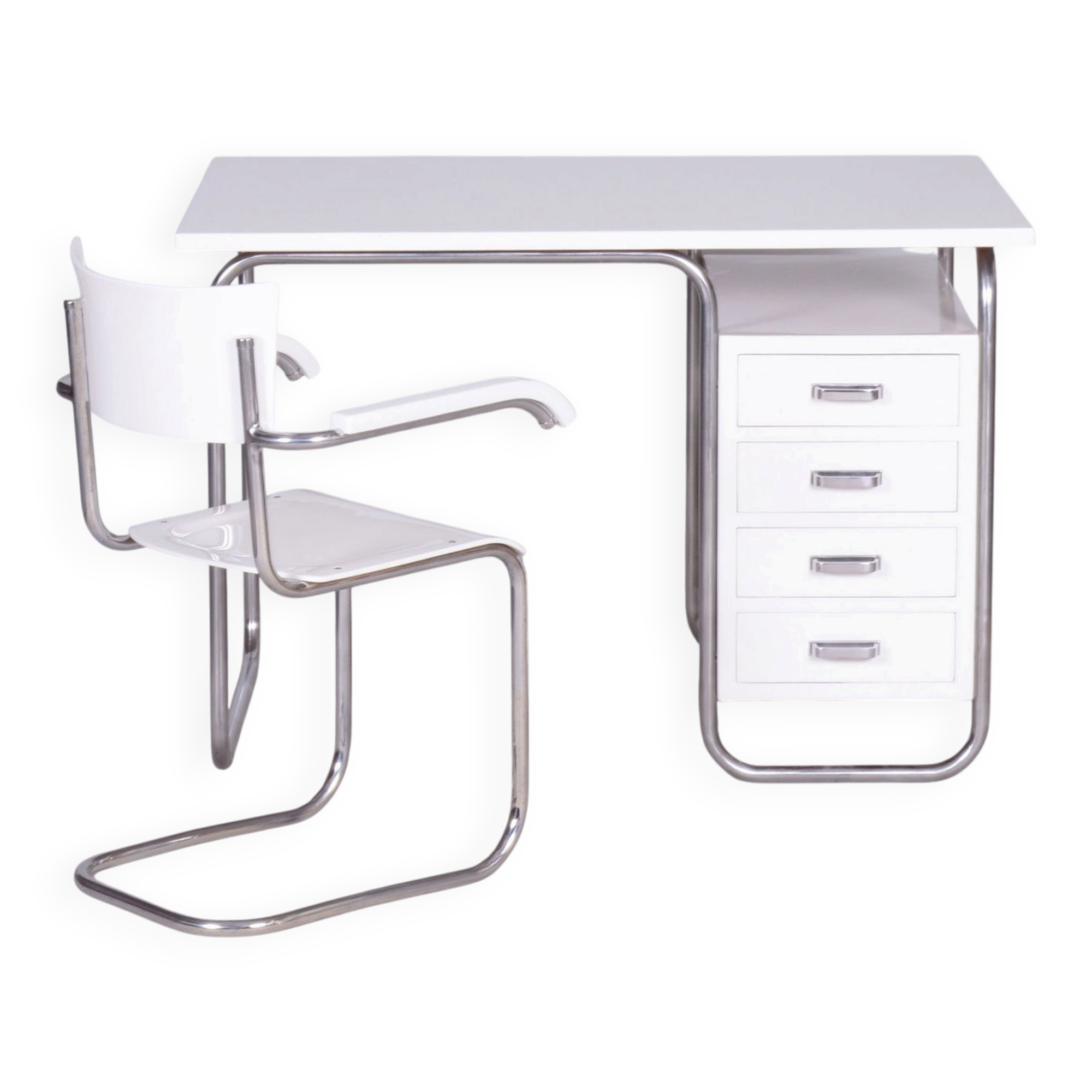 Czech Bauhaus Writing Desk with Chair in Chrome and Lacquered Wood, 1930s, Set of 2