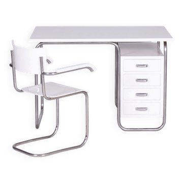 Czech Bauhaus Writing Desk with Chair in Chrome and Lacquered Wood, 1930s, Set of 2
