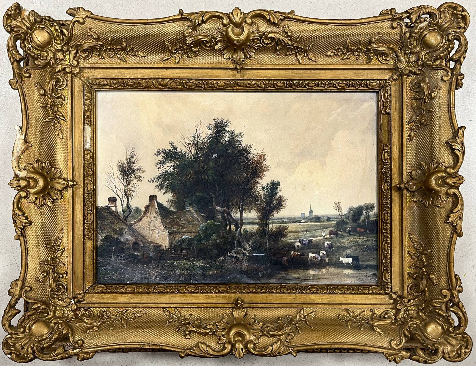 Watercolour "Masure and Herd" Jean-Marie Oscar GUÉ (1809-1877)