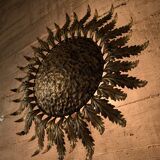 Golden Sunburst Ceiling or Wall Lamp with Leaf Rays, 1950s