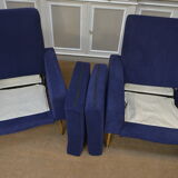 Pair of armchairs and ottoman vintage 1950 in blue velour and brass
