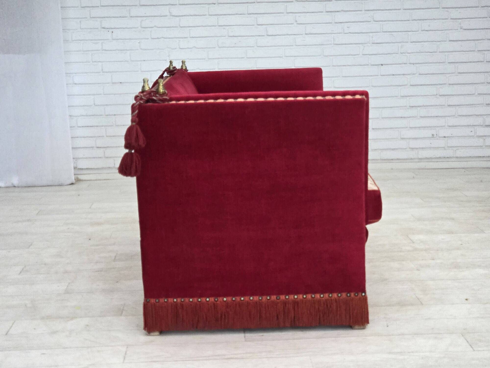 1970s, Danish 2-seater "Spanish" drop arm sofa, furniture velour.