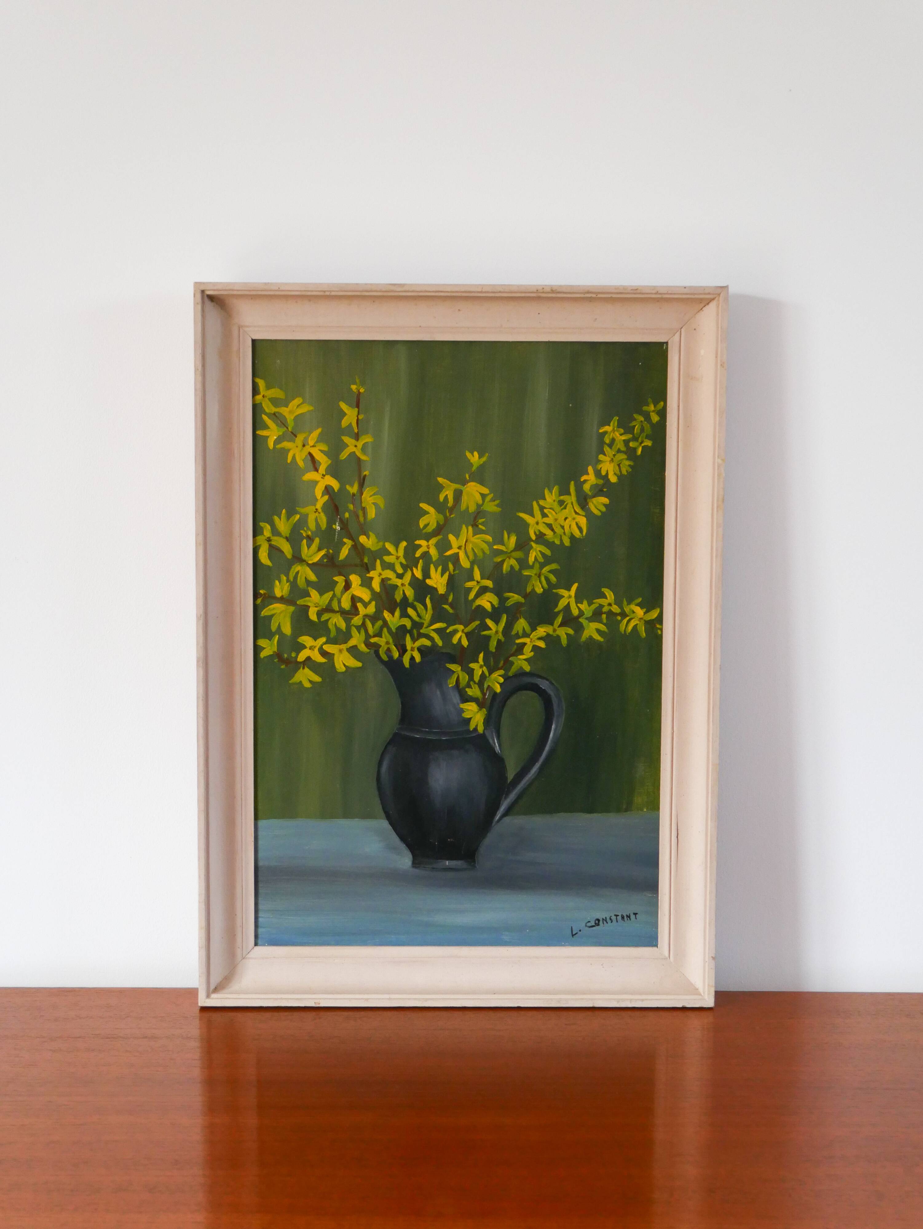 tableau huile sur panneau nature morte bouquet jaune signé 1950