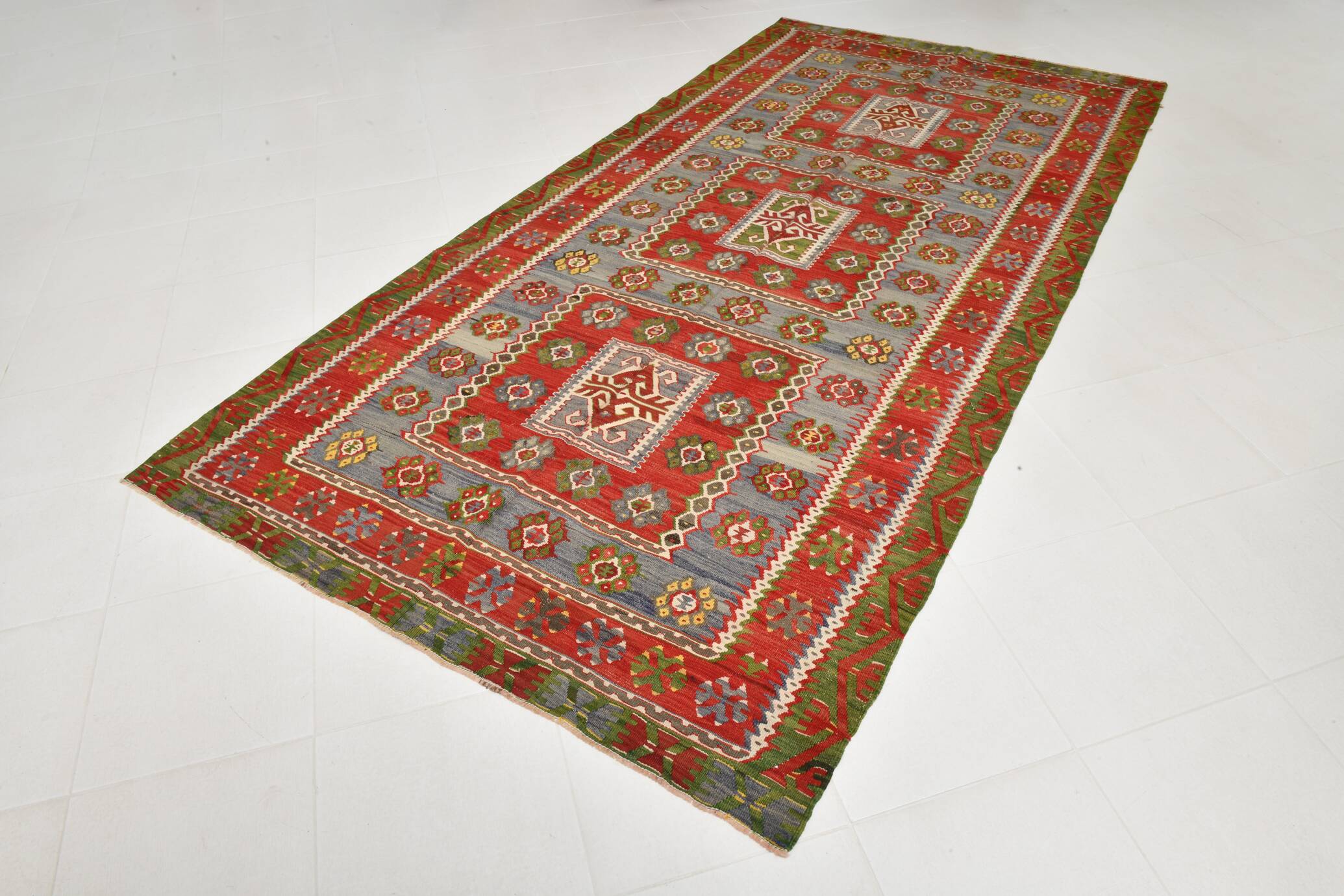 5x11 Kilim Red & Blue Geometric Vintage Rug, 168x342Cm