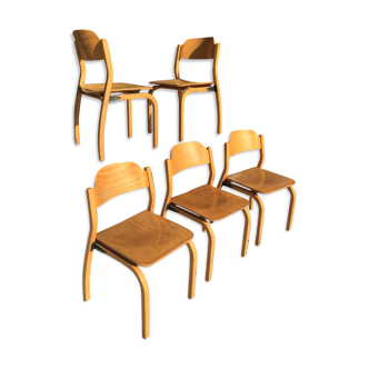 Ensemble 5 chaises bois blond moulé&metal design scandinave années 70