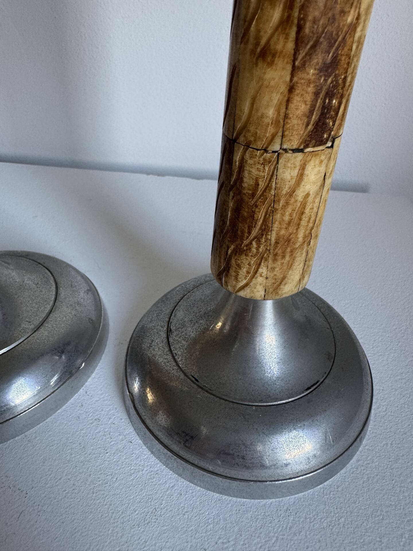 A Pair Of Vintage Mid Century Modern Metal With Faux Bone Candle Holde