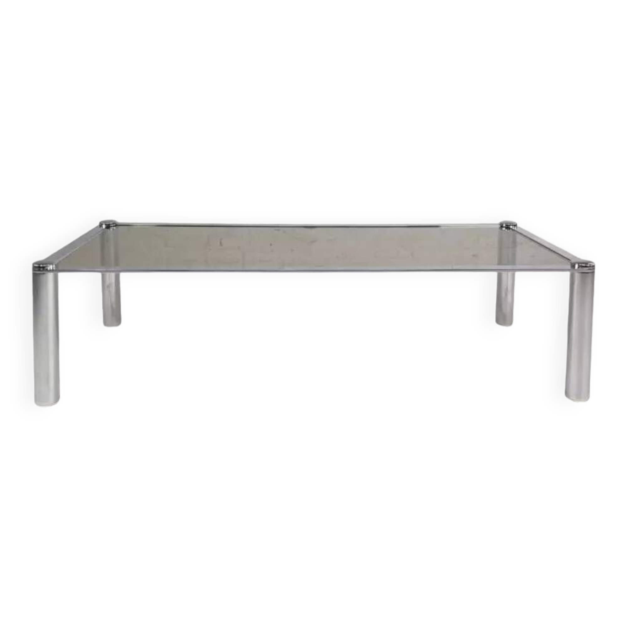 Rectangular coffee table from the 70s in chrome steel and smoked glass top