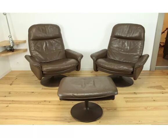 Paire de fauteuils et ottoman DS50 cuir De Sede pied tulipe gainé, rotatifs