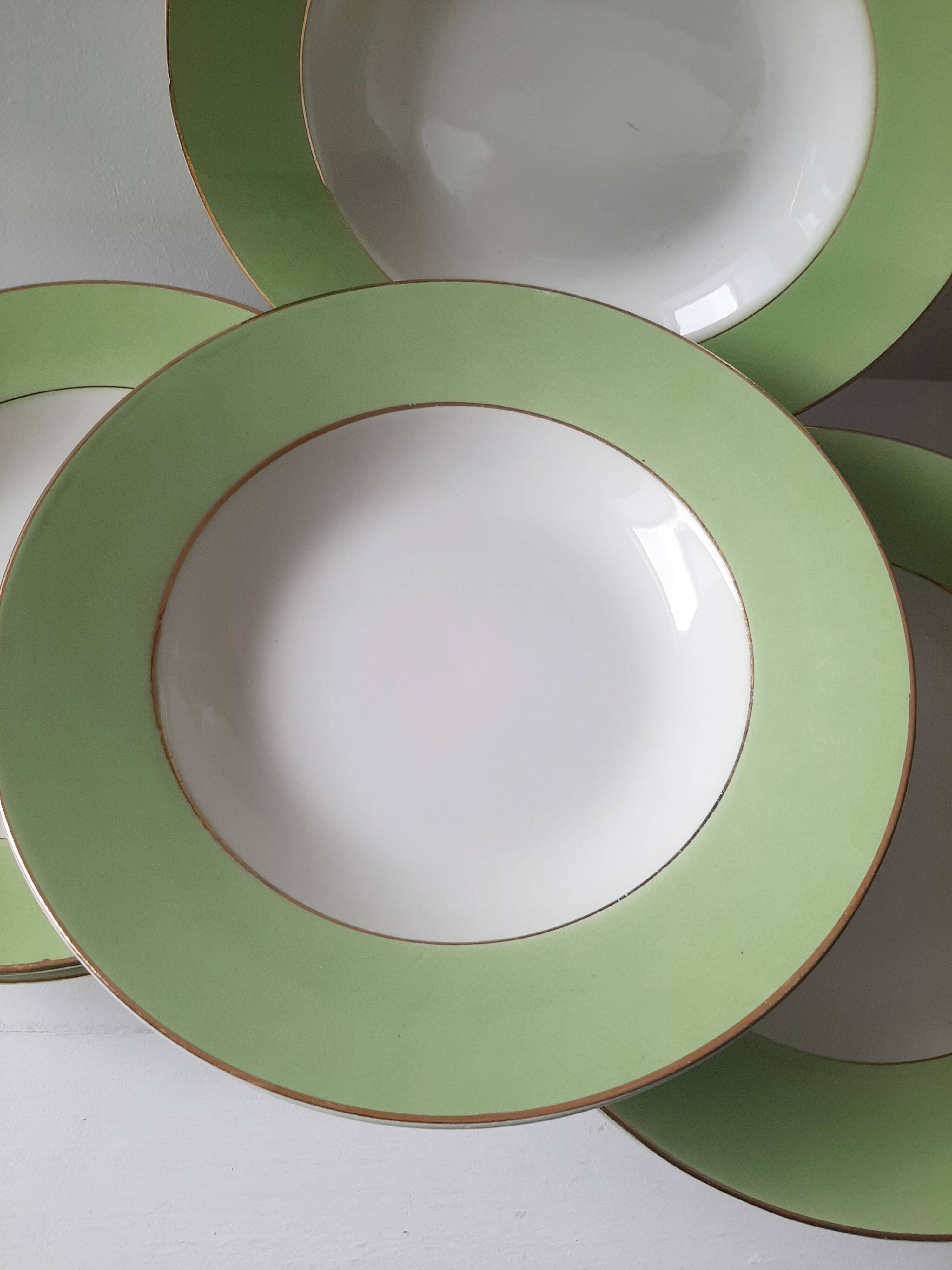 Vintage white and green deep plates stamped Arcachon.