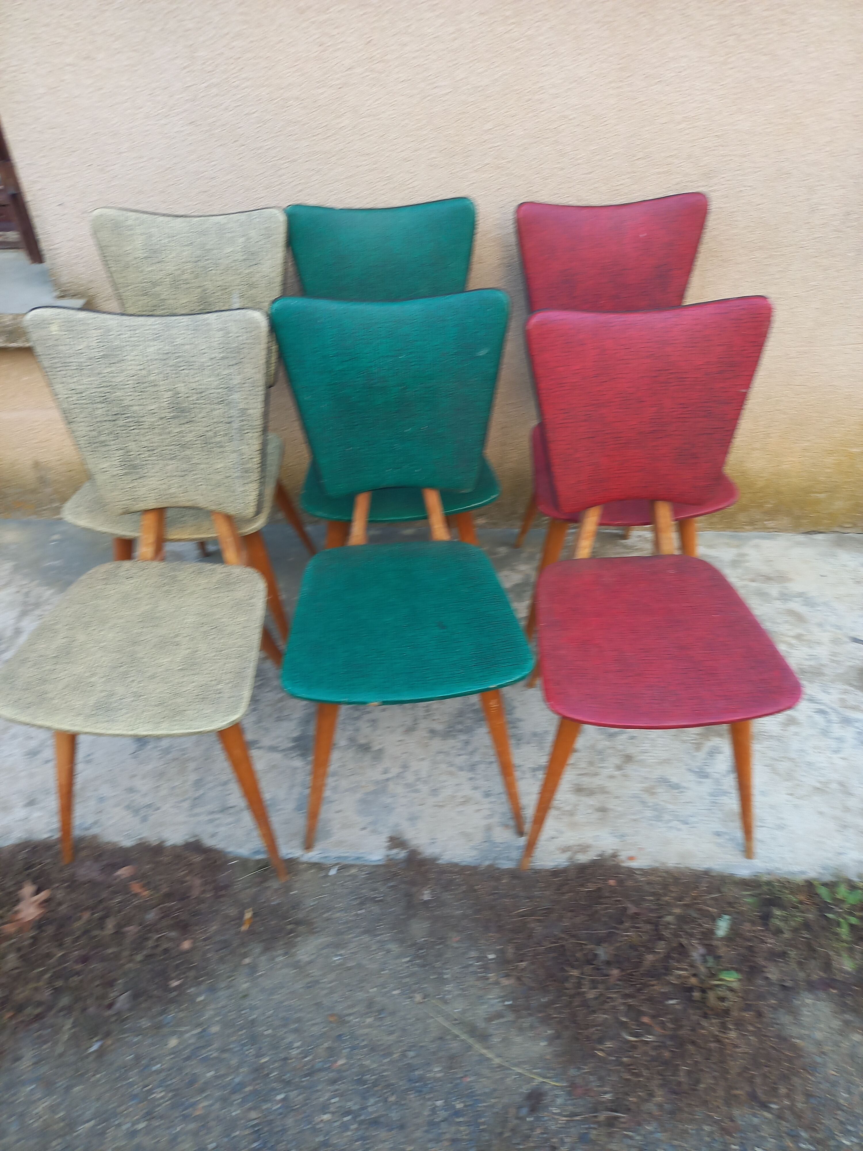 6 vintage 1950 Skaï chairs and wood