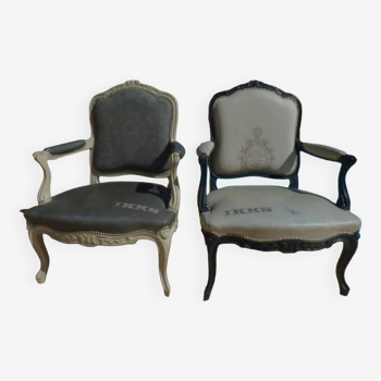 2 large wooden convertible armchairs upholstered with fabrics from the IKKS DE Louis XV style brand