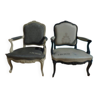 2 large wooden convertible armchairs upholstered with fabrics from the IKKS DE Louis XV style brand