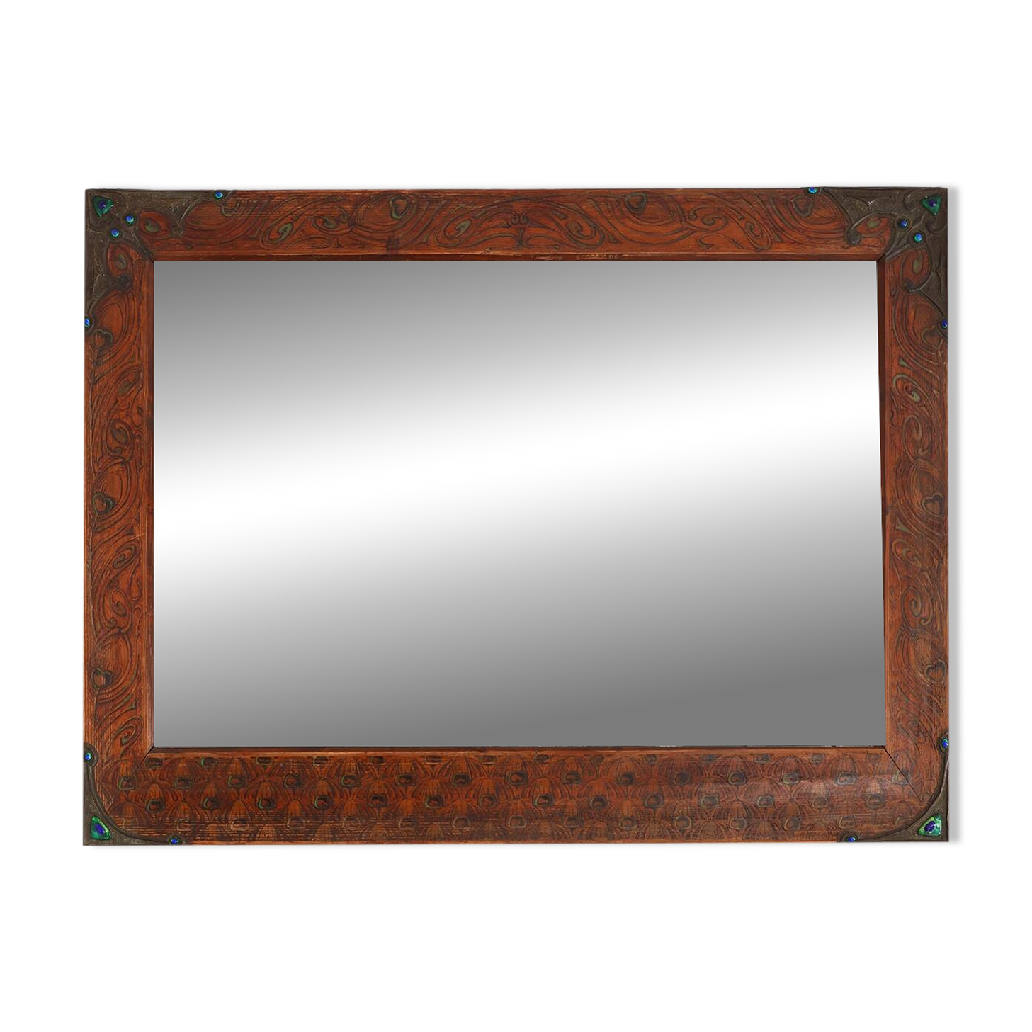 Miroir Art Nouveau à décor de paon peint à la main, France vers 1915