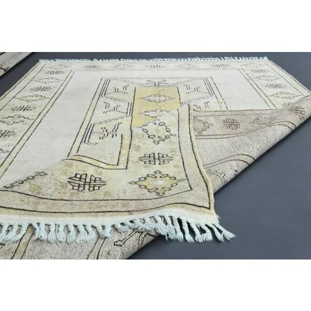 1970s Vintage Turkish Oushak Handmade Wool Cotton Beige Area Rug 161x230