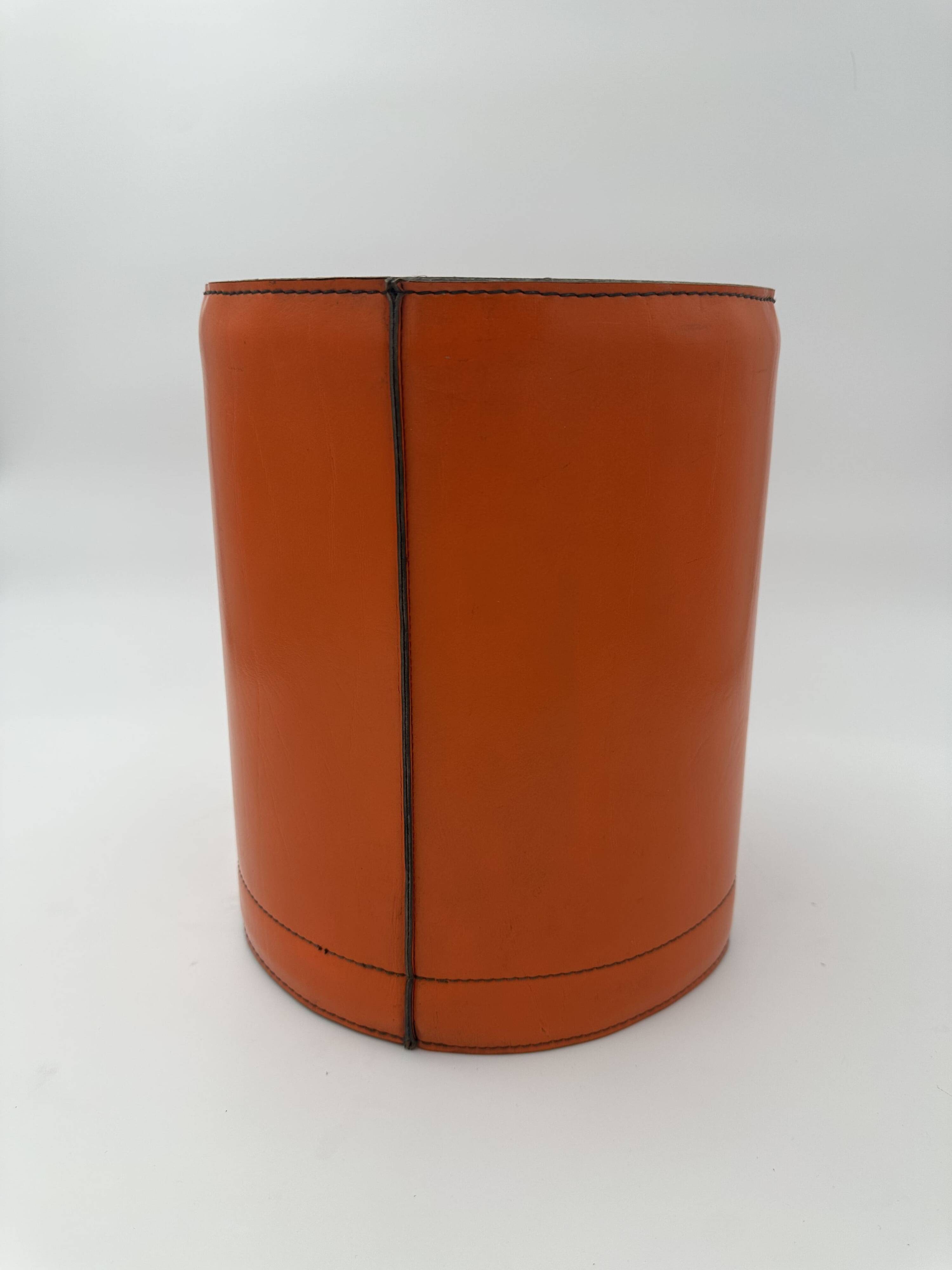 Orange Leather Waste Paper Basket in the Style of a Saddler, in the Taste of Hermès, Ann