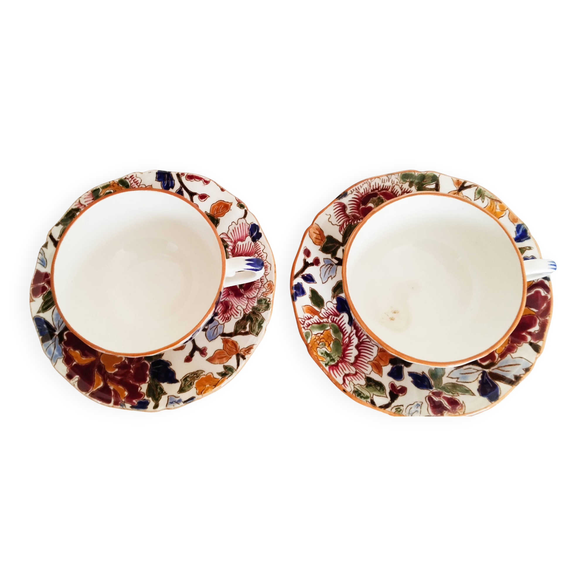 Gien earthenware coffee cups, "peonies" motif, tea cup