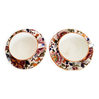 Gien earthenware coffee cups, "peonies" motif, tea cup