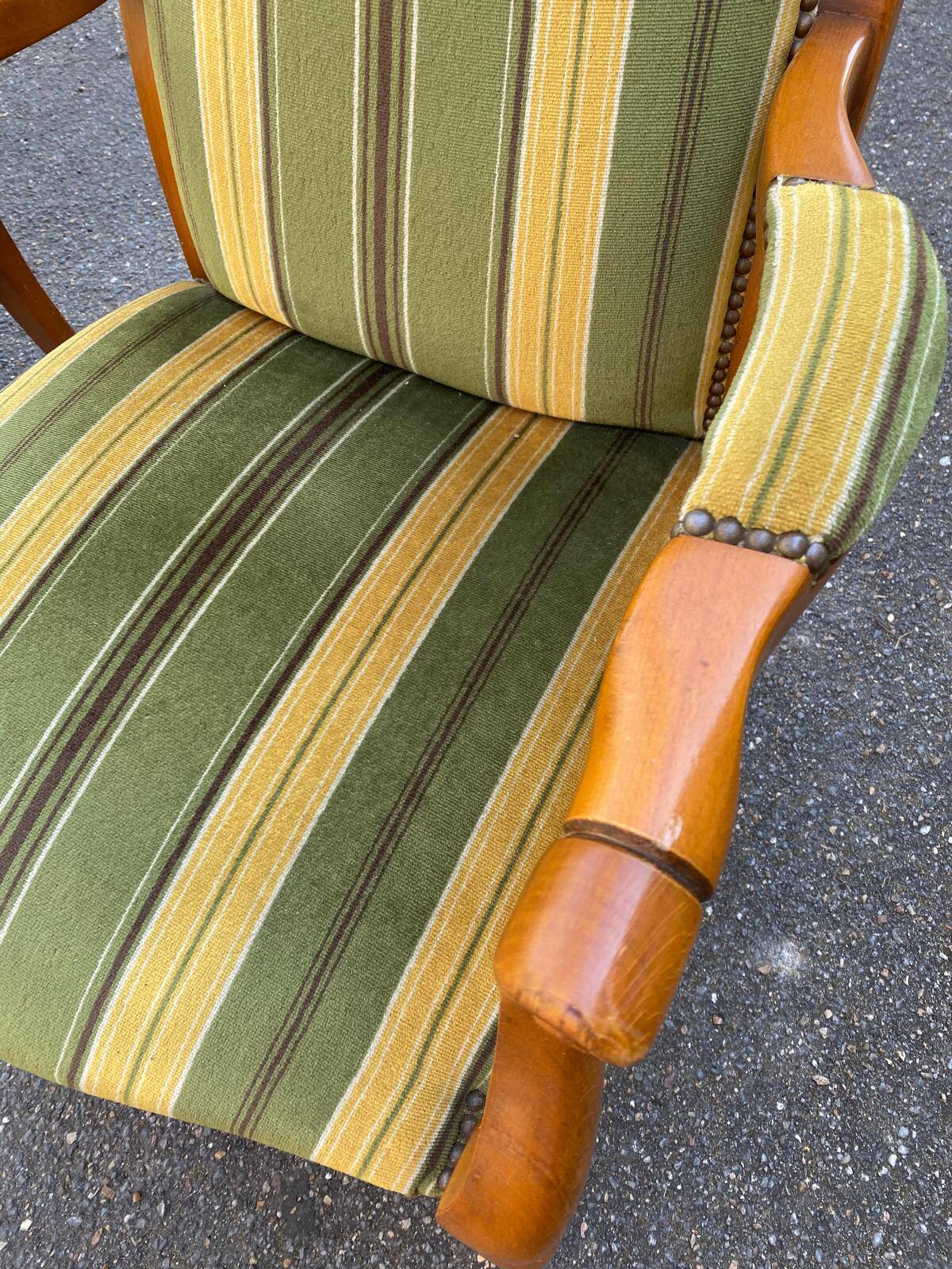 Voltaire Louis XV style living room set in green and yellow velvet with stripes