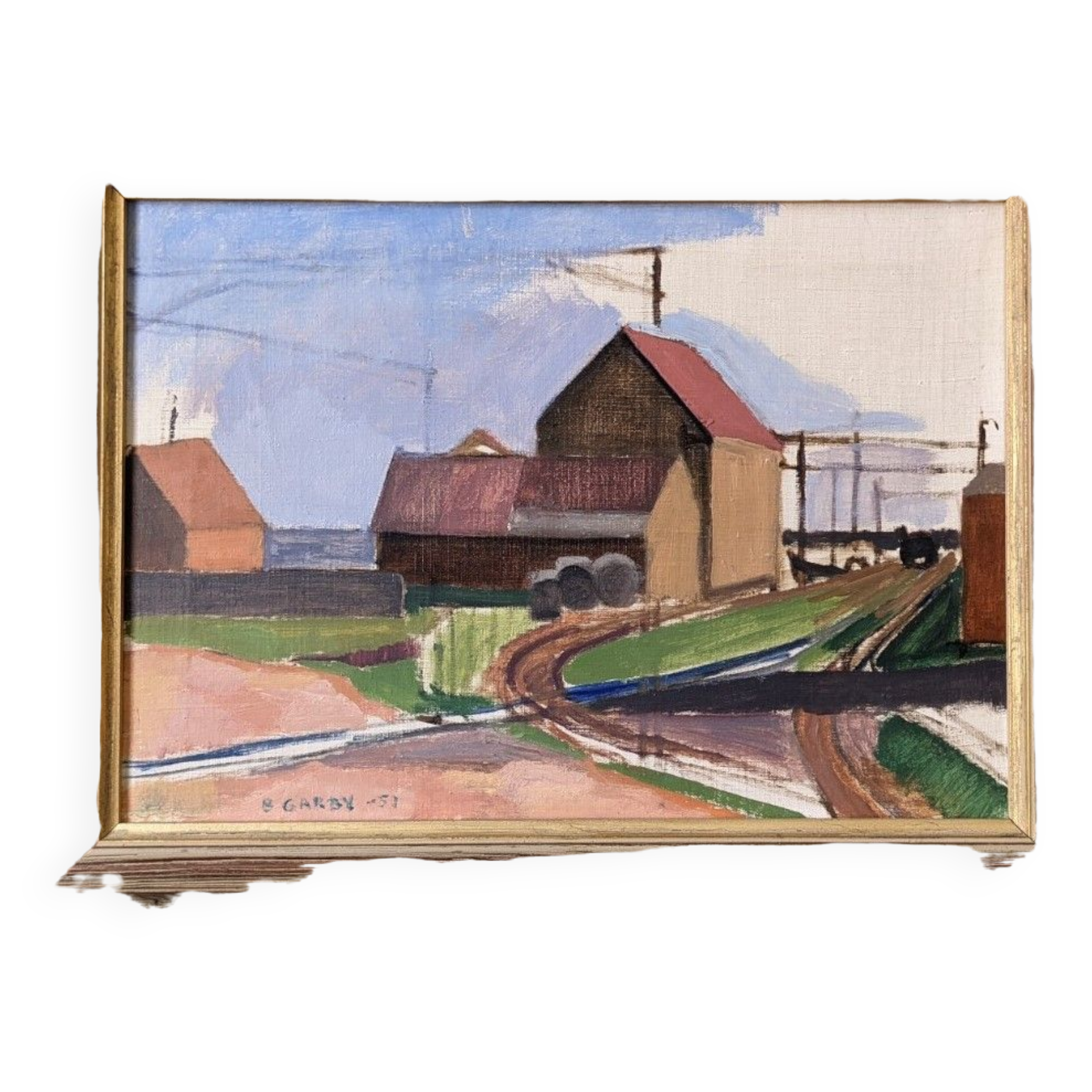 1951 Mid-Century Modern Swedish "Suburban Serenade" Vintage Landscape Oil Painting, Framed